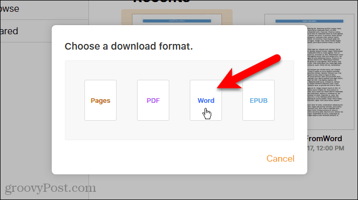 Kliknite Word u dijaloškom okviru Odaberite format za preuzimanje u Stranicama na iCloud-u