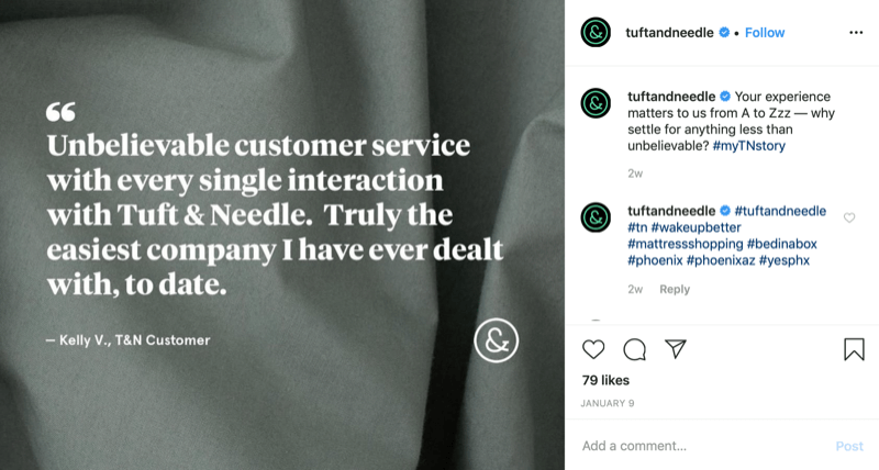 grafika citata kupca s Tuft and Needle Instagram računa