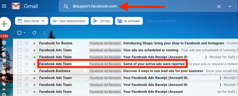 primjer gmail filtra za @ support.facebook.com za izdvajanje svih obavijesti e-poštom o facebook oglasima