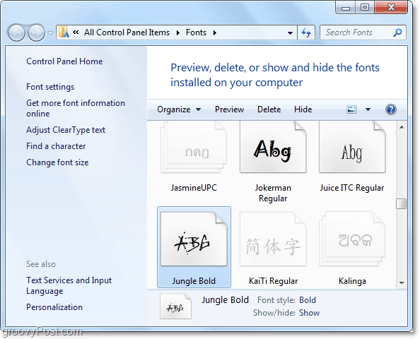 pogled na upravljačku ploču fonta Windowsa 7