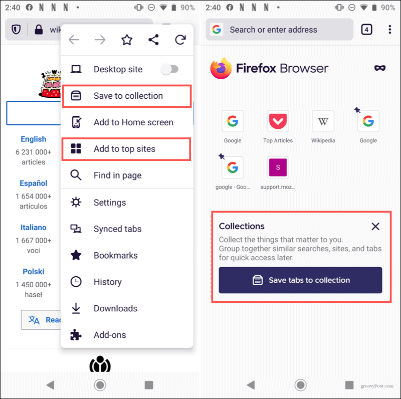 Početna stranica Firefoxa na Androidu