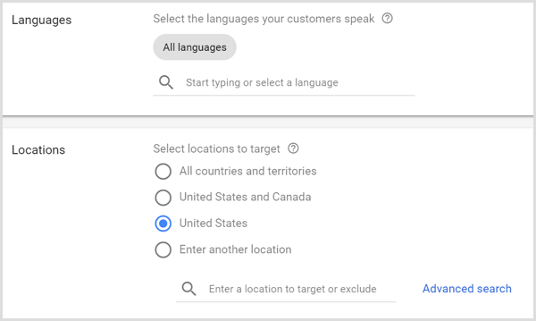 Postavke jezika i lokacija za Google AdWords kampanju.