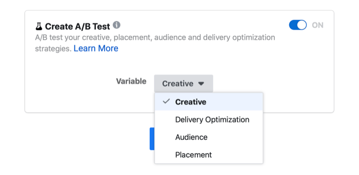 postavka testiranja ad / b facebook oglasa koja prikazuje varijabilne mogućnosti kreativa, optimizacije isporuke, publike i plasmana