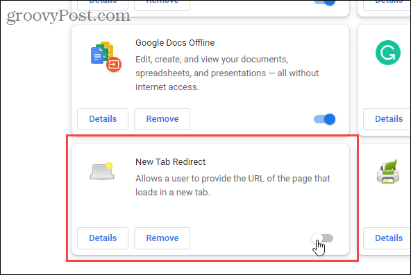 Onemogućite proširenje New Tab Redirect u Chromeu