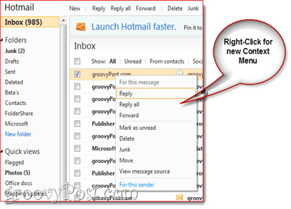 Hotmail Novi izbornik konteksta desnom tipkom miša