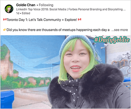 Ovo je snimka zaslona LinkedIn videa u kojem Goldie Chan dokumentira svoja putovanja. Tekst iznad videa kaže „Toronto Day 1: Let