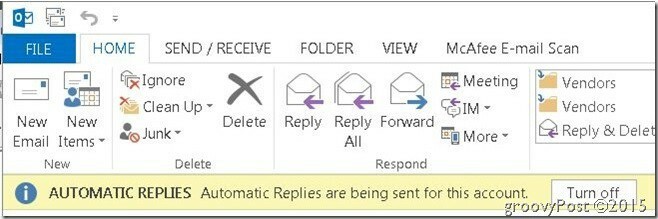 Outlook Automatski odgovori Gore desno