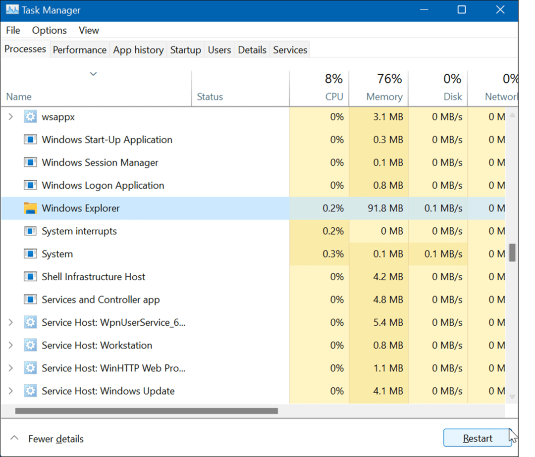 Ponovno pokrenite Windows Explorer poništite postavke programske trake u sustavu Windows 11