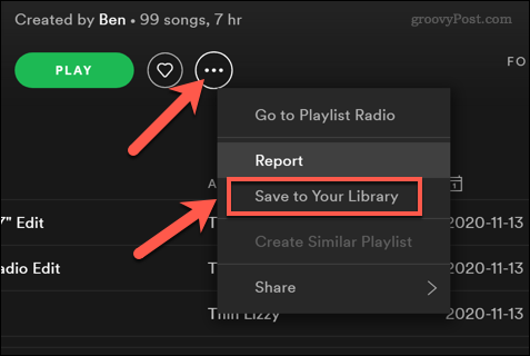 Spremanje Spotify popisa za reprodukciju u korisničku knjižnicu