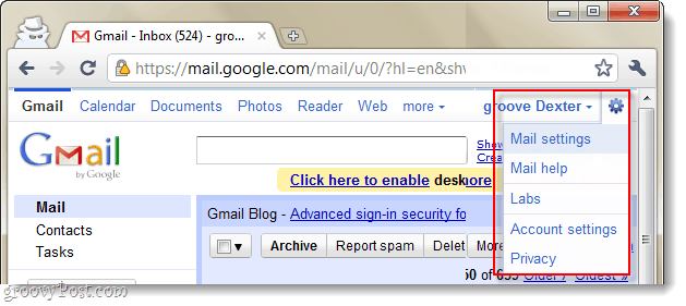 padajući izbornik postavki gmail pošte