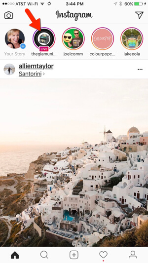Aktualna emitiranja uživo na Instagramu jasno su označena na vrhu kartice Početna.