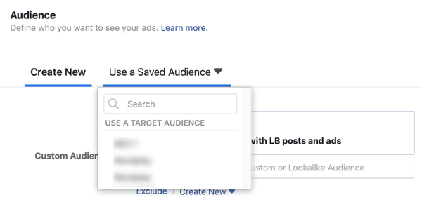 Mogućnost upotrebe spremljene publike za Facebook oglasnu kampanju.