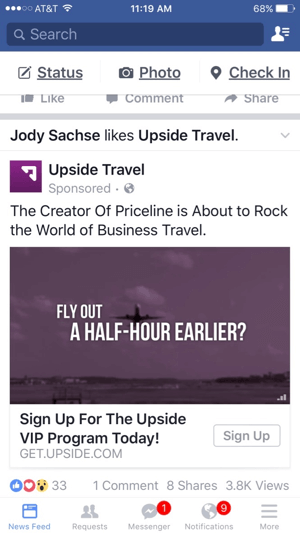 upside travel facebook video oglas