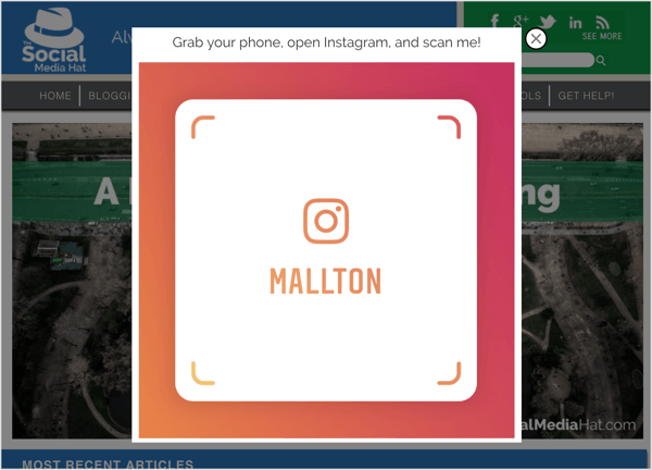 Izlazni skočni prozor s oznakom s imenom na Instagramu.