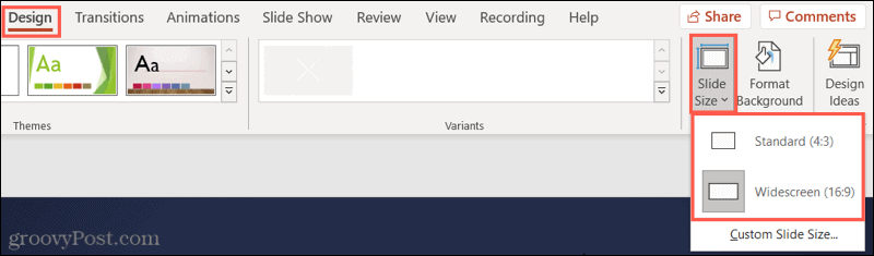 Kliknite Standardno ili Široki zaslon za svoju PowerPoint veličinu dijapozitiva