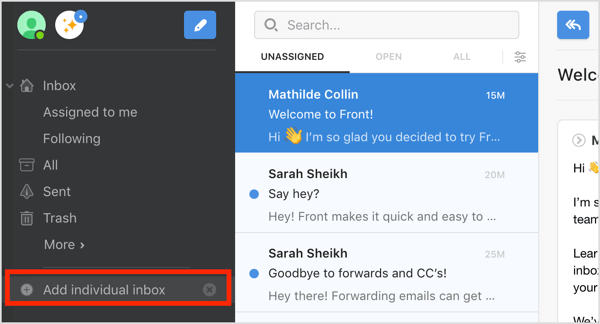 Dodajte opciju Individual Inbox na nadzornoj ploči aplikacije Front