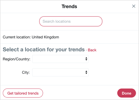 Odaberite zemlju i grad na koji se želite usredotočiti s trendovima na Twitteru.