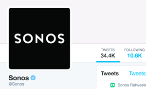 Sonos Twitter račun je potvrđen i prikazuje plavu Twitter potvrđenu značku.