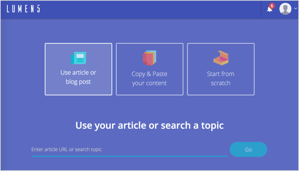 Upotrijebite svoj članak ili pretražite temu pomoću Lumen5.