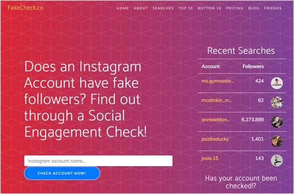 Provjerite ima li lažnih Instagram sljedbenika s FakeCheck.co.