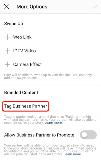 Opcija Tag Business Partner za Instagram Stories
