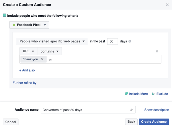 Da biste stvorili prilagođenu Facebook publiku prošlih kupaca, dodajte URL svoje stranice zahvale.