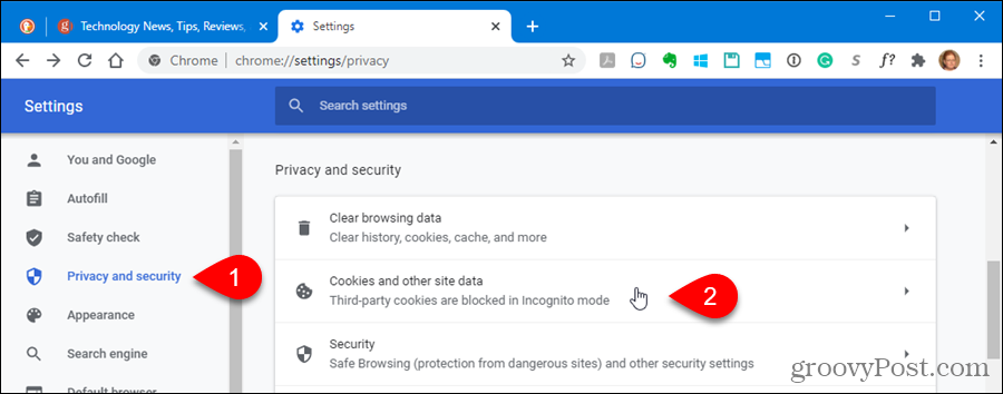 Kliknite Kolačići i podaci web mjesta u postavkama privatnosti i sigurnosti u Chromeu