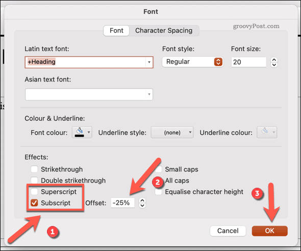 Promjena fonta u indeks ili nadpis u Powerpointu na Macu