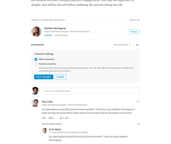 LinkedIn je izdao mogućnost izdavača da izravno upravljaju komentarima na svoje dugotrajne članke.