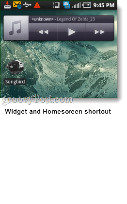 Android Widget songbird i snimka zaslona s prečacima