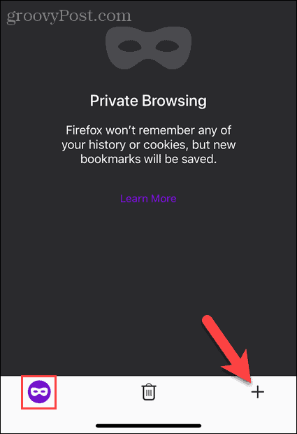 Dodirnite gumb Nova kartica u načinu privatnog pregledavanja u Firefoxu na iOS-u
