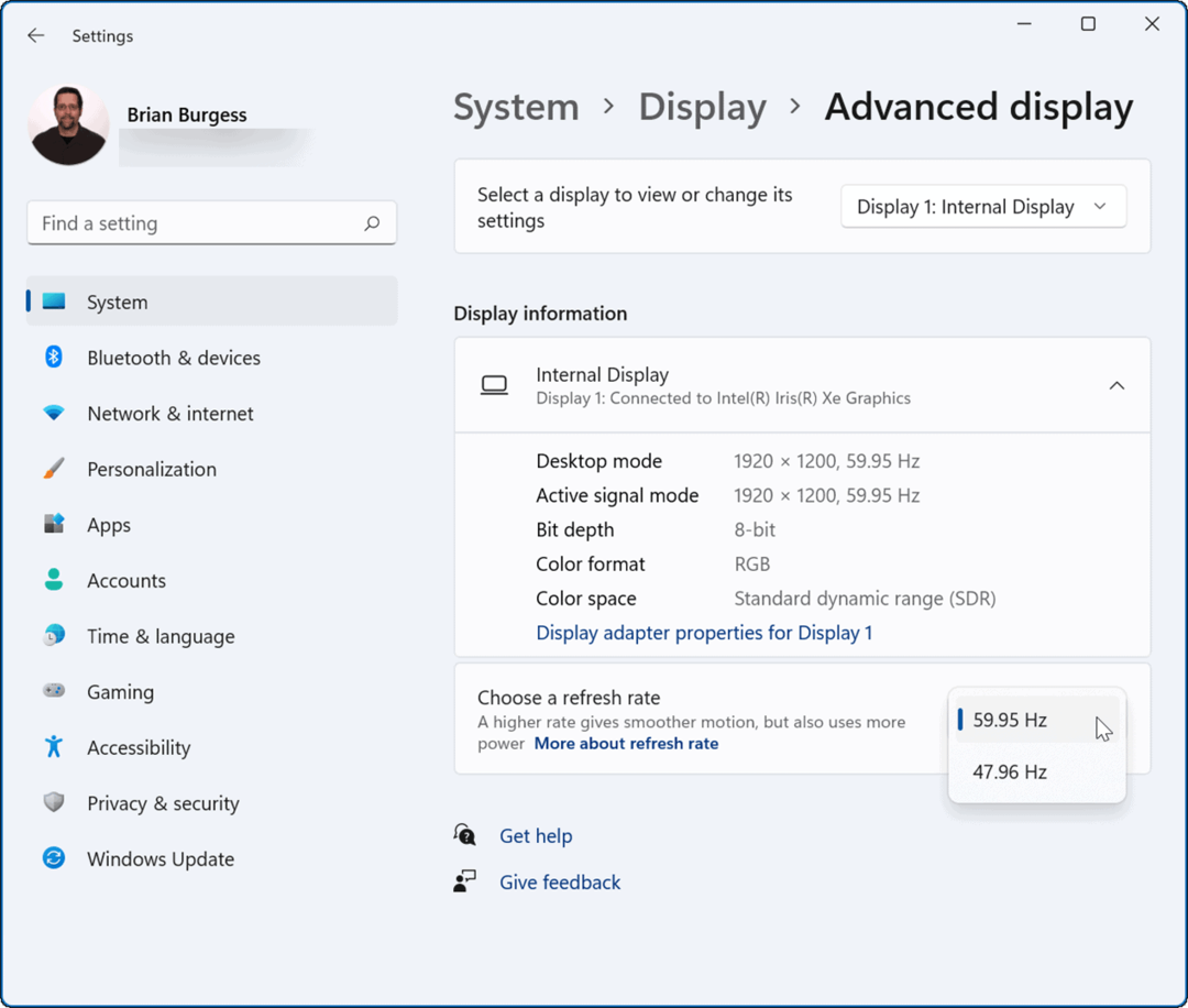 promijenite brzinu osvježavanja u sustavu Windows 11