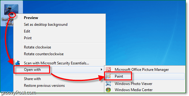 desnom tipkom miša kliknite svoju sliku u sustavu Windows 7, a zatim odaberite otvorite bojom