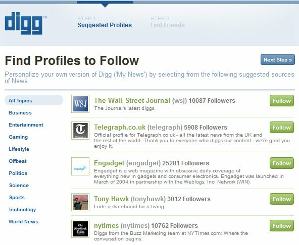 Nova prijava u Digg - 1. korak - pronađite profile