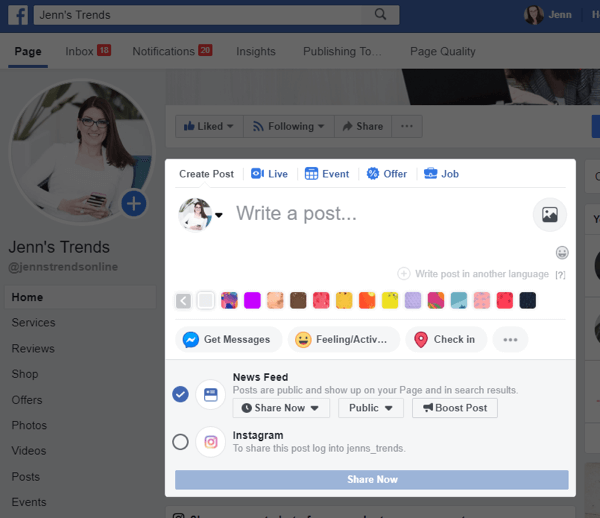 Kako unakrsno objaviti na Instagramu s Facebooka na radnoj površini, korak 2, opcija unakrsnog objavljivanja na Instagramu s vašeg Facebook posta