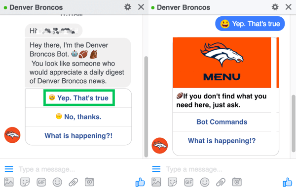 Chatbot Denver Broncos potiče korisnike da se prijave za svoj dnevni sažetak.