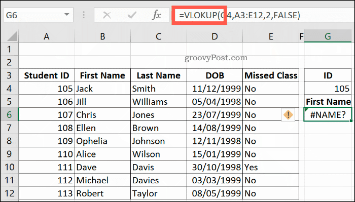 Pogrešno napisana formula VLOOKUP u Excelu, vraćanje pogreške NAME