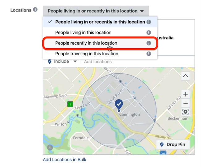 Ljudi nedavno na ovoj lokaciji na razini skupa oglasa u Facebook Ads Manageru