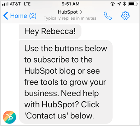 HubSpot-ova poruka dobrodošlice chatbota omogućuje vam kontaktiranje čovjeka.