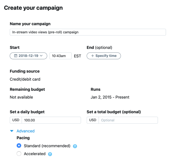 Primjer postavki kampanje za vaš prikaz videozapisa In-Stream (prije pokretanja) na Twitteru.