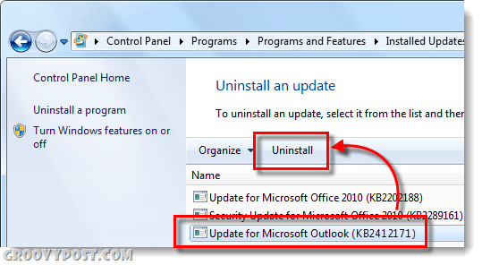 izbrisati kb2412171 na Windows 7 Outlook
