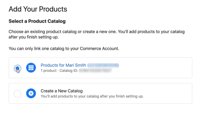 facebook kataloška opcija za povezivanje postojećeg ili novog kataloga