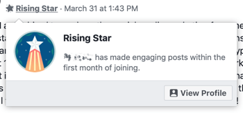 Kako koristiti značajke Facebook grupa, primjer značke grupe Rising Star
