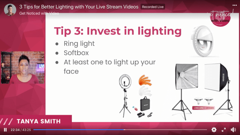 snimka zaslona sa savjetima za osvjetljenje videozapisa za poboljšanje prijenosa uživo