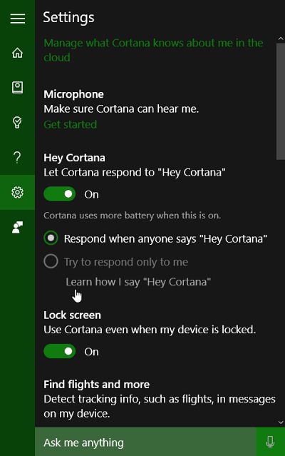 Cortana Settings