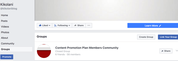 Vaša povezana grupa pojavit će se na kartici Grupe na vašoj Facebook stranici.
