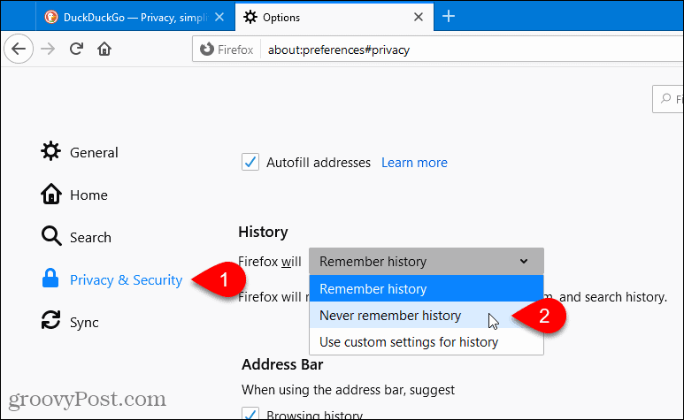 Odaberite Firefox nikad ne pamti povijest