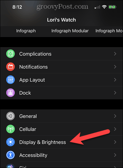 Dodirnite Zaslon i svjetlinu u aplikaciji Watch na vašem iPhoneu