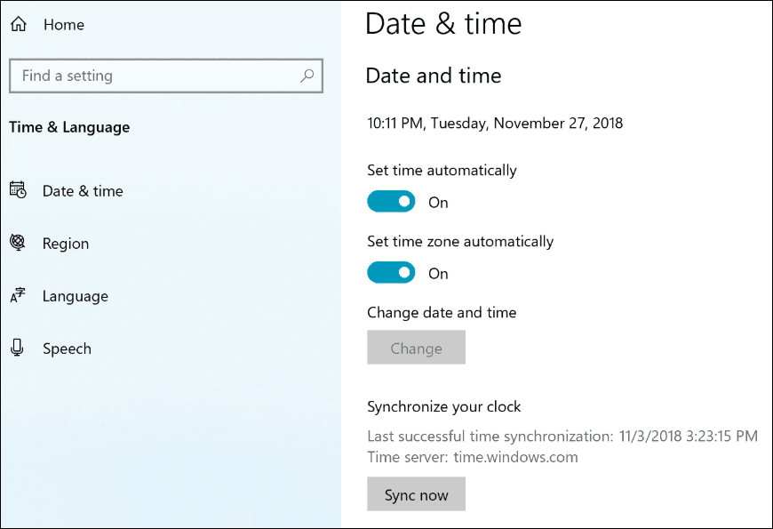 Postavke sata sinkronizacije Windows 10 19H1