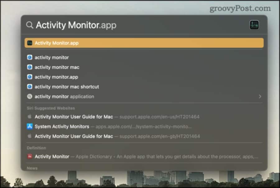 Otvorite Monitor aktivnosti pomoću Spotlight pretraživanja